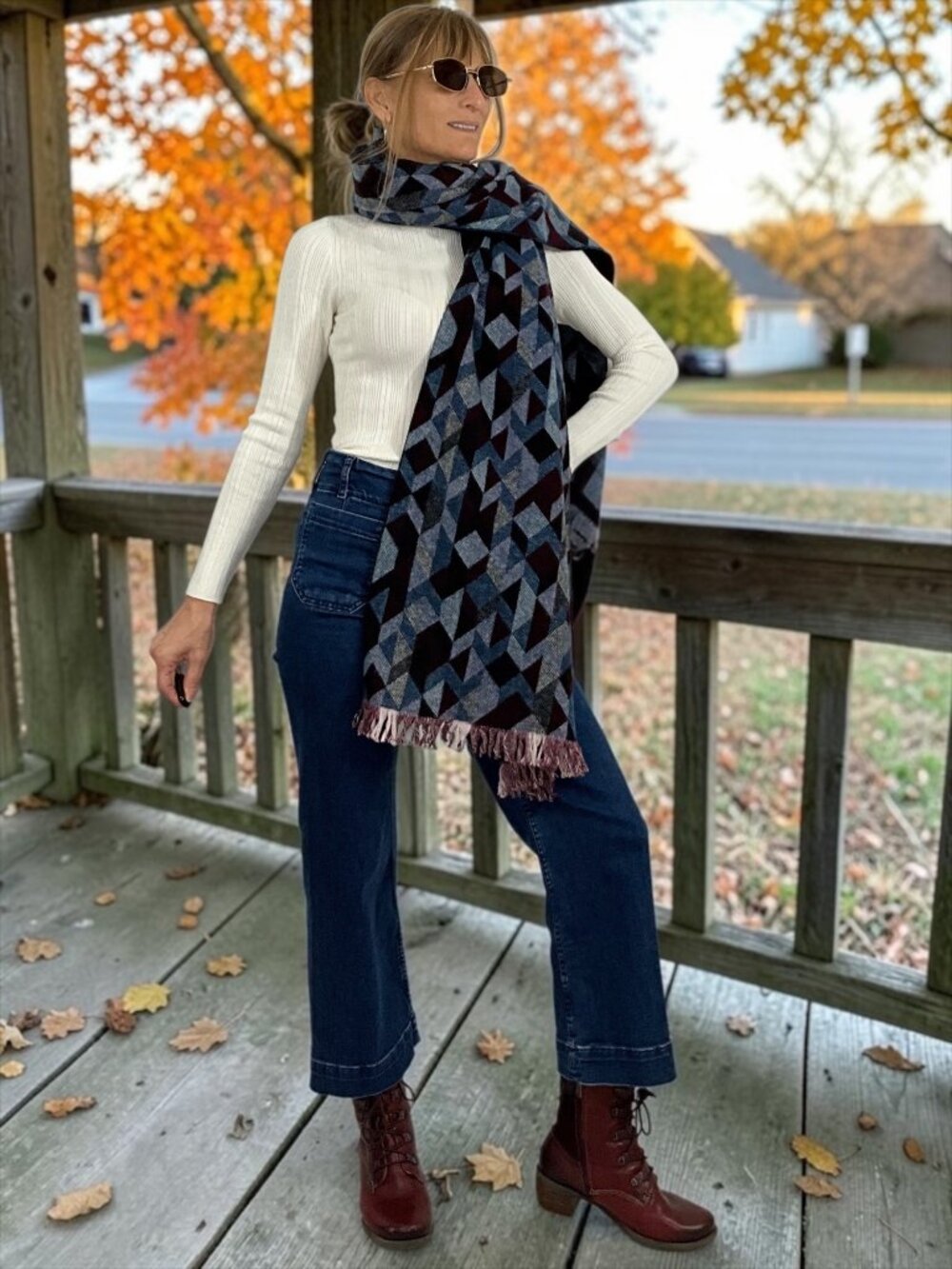 J. Crew Womens Wool Blend Scarf Blue Burgundy Plaid Fringe Fall